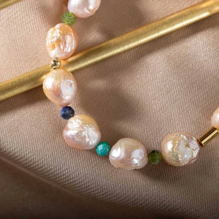 İnci-Lapis Lazuli-Amazonit-Yeşim Doğal Taş Gümüş Bileklik