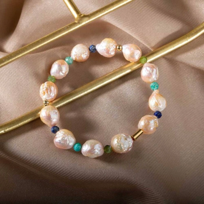 İnci-Lapis Lazuli-Amazonit-Yeşim Doğal Taş Gümüş Bileklik