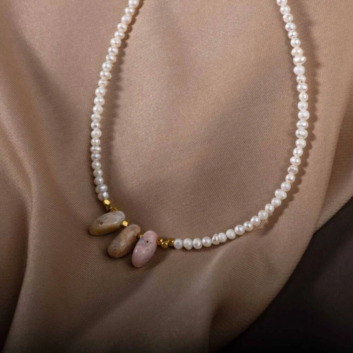 İnci-Pembe Opal Doğal Taş Gümüş Kolye