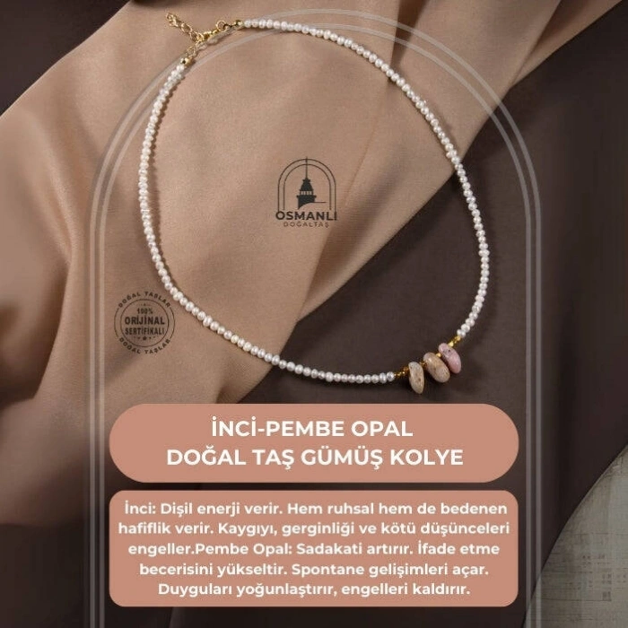 İnci-Pembe Opal Doğal Taş Gümüş Kolye