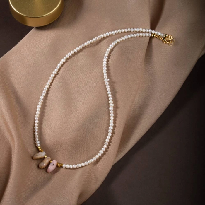 İnci-Pembe Opal Doğal Taş Gümüş Kolye