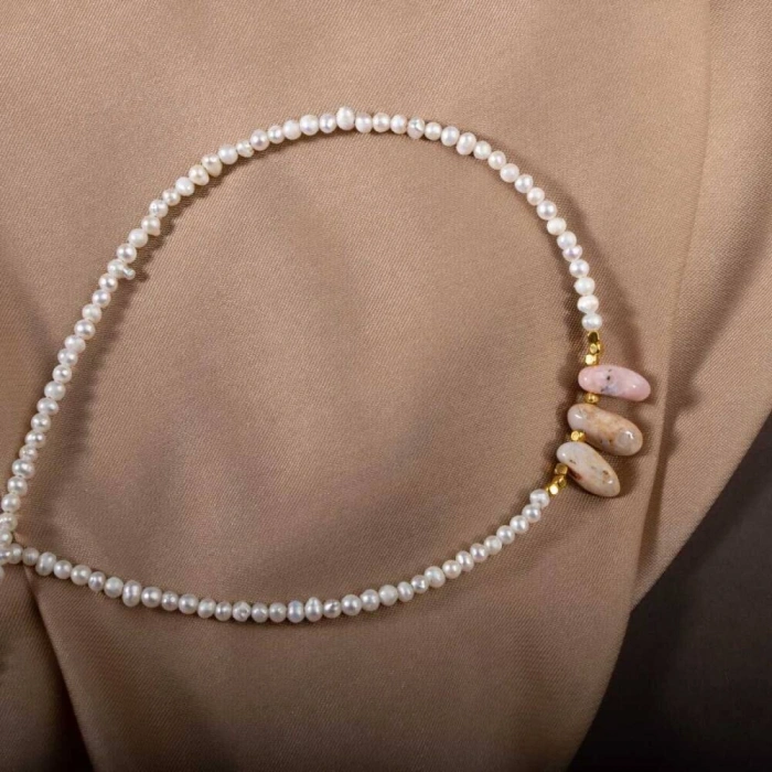 İnci-Pembe Opal Doğal Taş Gümüş Kolye