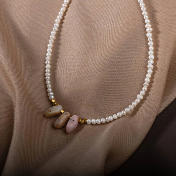 İnci-Pembe Opal Doğal Taş Gümüş Kolye