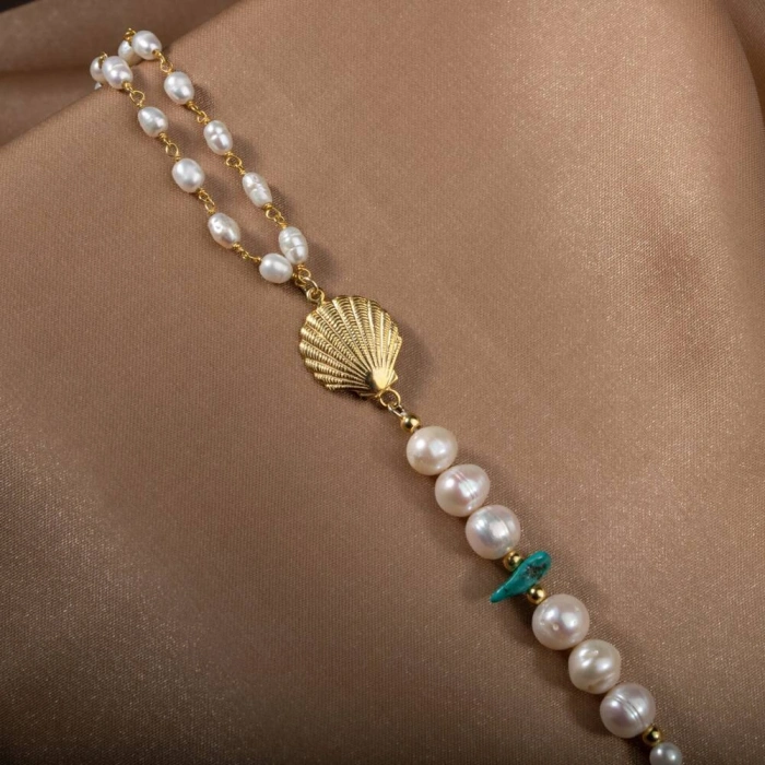 İnci-Turkuaz Doğal Taş Gümüş Midye Bileklik