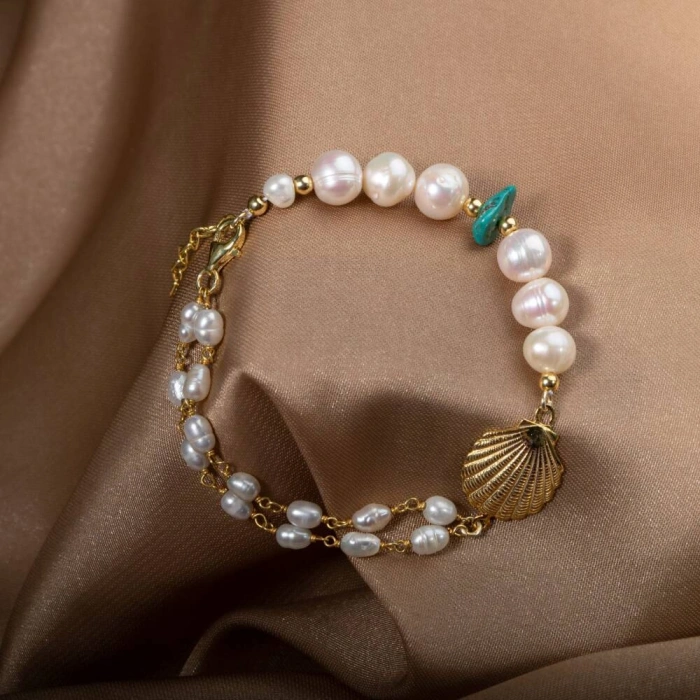 İnci-Turkuaz Doğal Taş Gümüş Midye Bileklik