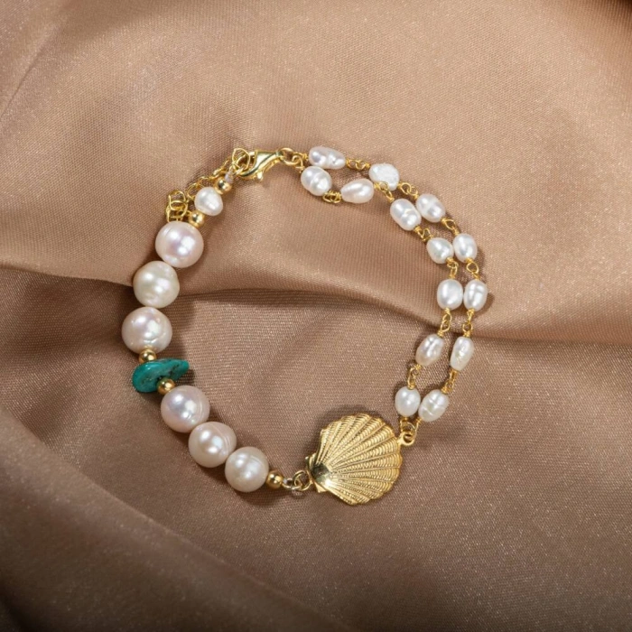 İnci-Turkuaz Doğal Taş Gümüş Midye Bileklik