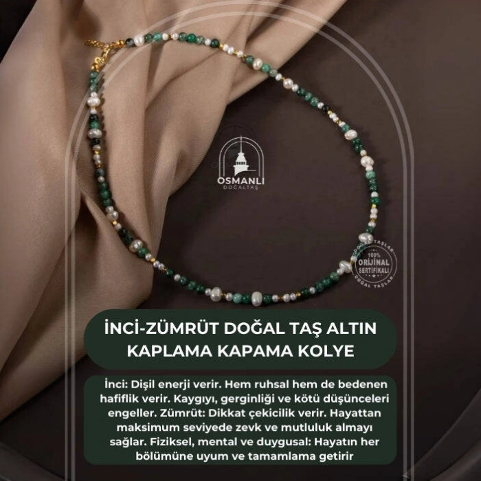 İnci-Zümrüt Doğal Taş Altın Kaplama Kapama Kolye