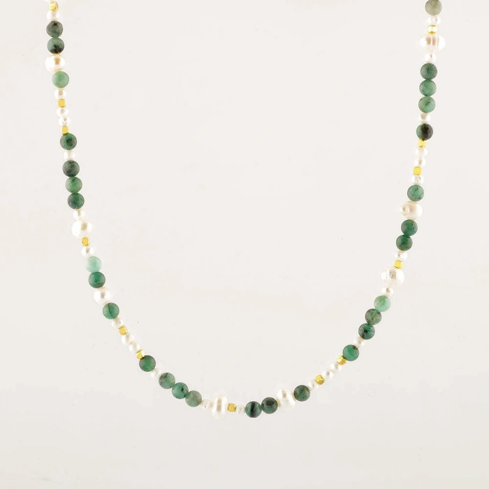 İnci-Zümrüt Doğal Taş Altın Kaplama Kapama Kolye