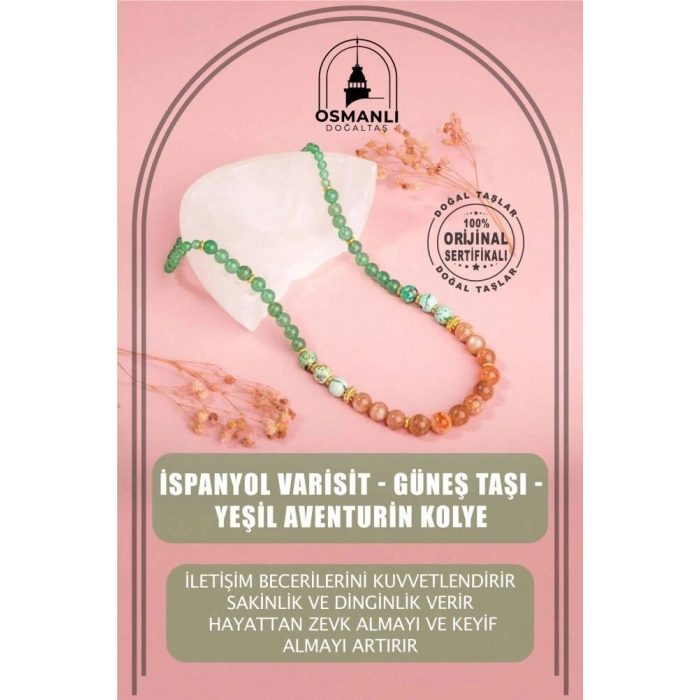 İspanyol Varisit-Güneş Taşı-Yeşil Aventurin Doğal Taş Altın Kaplama Kolye