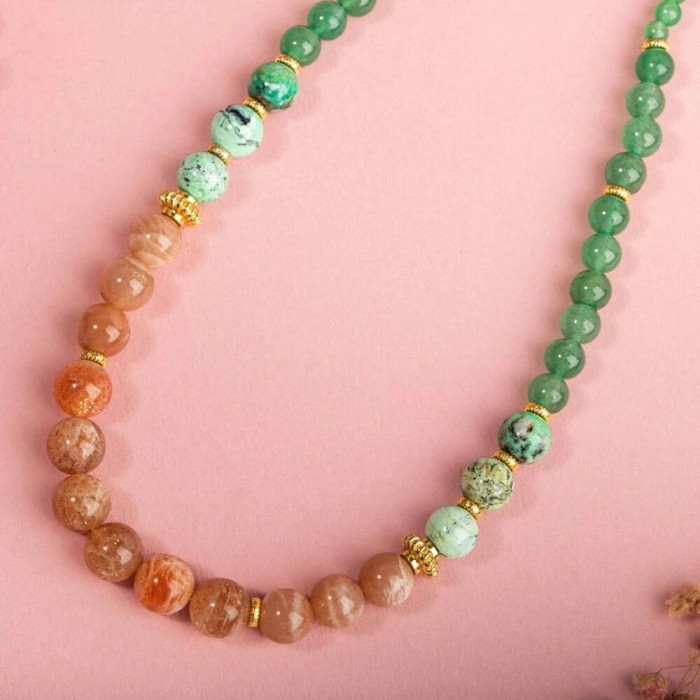 İspanyol Varisit-Güneş Taşı-Yeşil Aventurin Doğal Taş Altın Kaplama Kolye