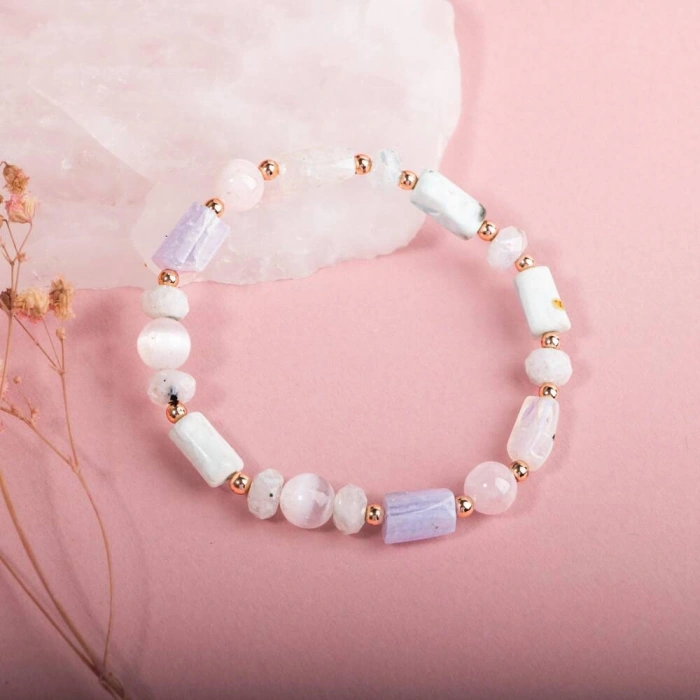 Kalsedon-Selenit-Pembe Kuvars-Ay Taşı Doğal Taş Bileklik