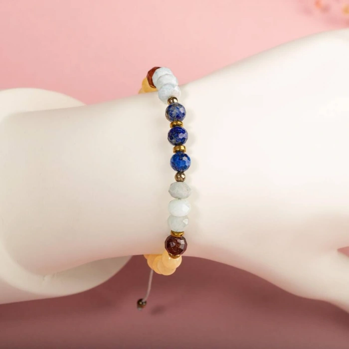 Kalsit-Bordo Granat Lal-Lapis Lazuli-Akuamarin Doğal Taş Bileklik