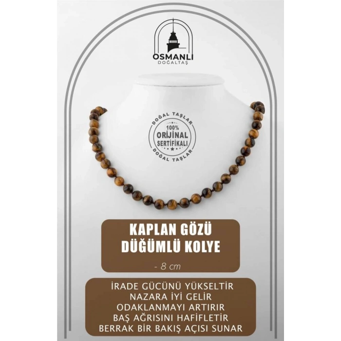 Kaplan Gözü 8 mm Düğümlü Doğal Taş Kolye