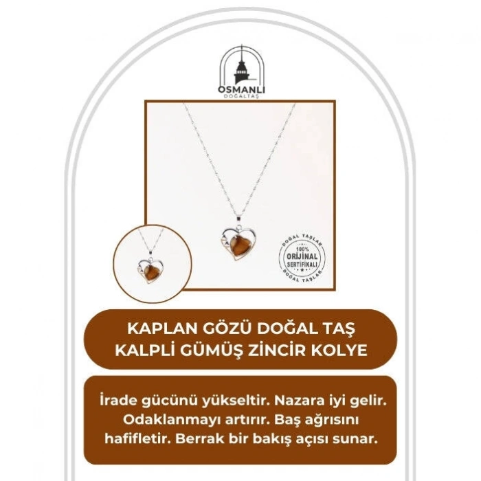 Kaplan Gözü Doğal Taş Kalpli Kolye, Gümüş Zincir