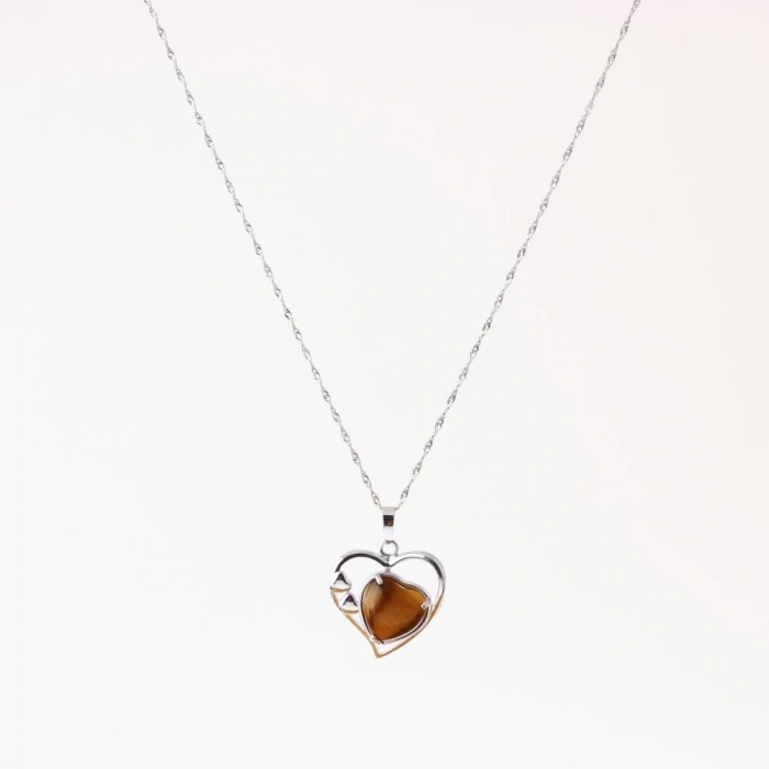 Kaplan Gözü Doğal Taş Kalpli Kolye, Gümüş Zincir