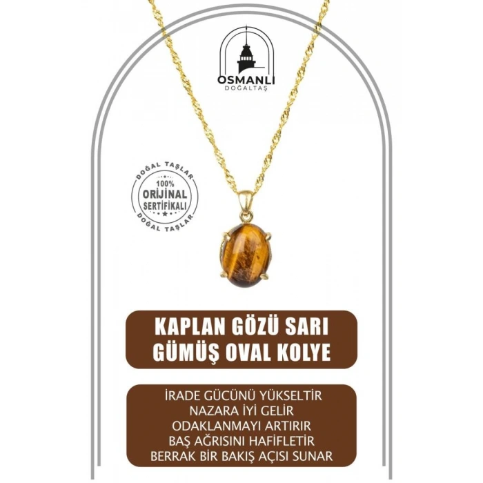 Kaplan Gözü Doğal Taş Sarı Gümüş Oval Kolye