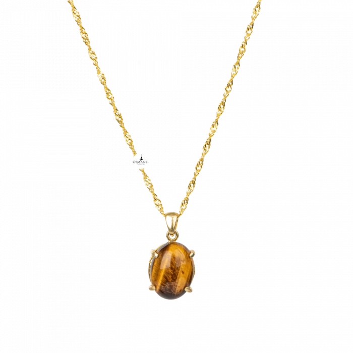 Kaplan Gözü Doğal Taş Sarı Gümüş Oval Kolye