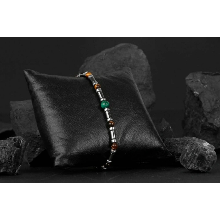 Kaplan Gözü-Hematit-Malakit Doğal Taş Bileklik