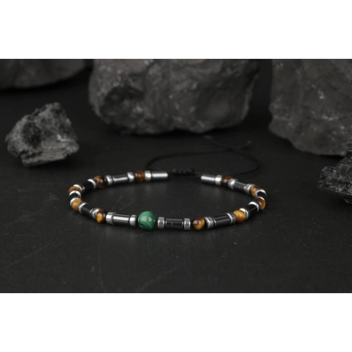Kaplan Gözü-Hematit-Malakit Doğal Taş Bileklik
