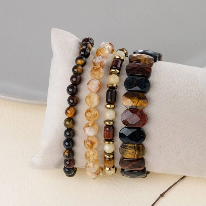 Kaplan Gözü-Kalsit-Sitrin-Hematit Doğal Taş Bileklik Seti