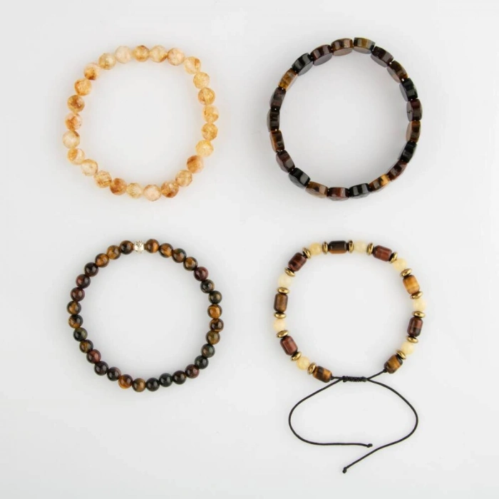 Kaplan Gözü-Kalsit-Sitrin-Hematit Doğal Taş Bileklik Seti