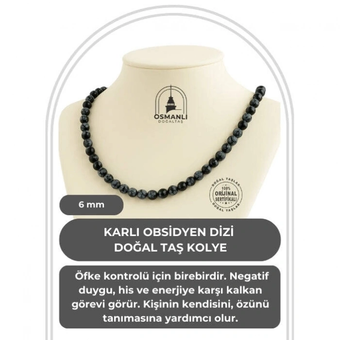 Karlı Obsidyen 6 mm Dizi Doğal Taş Kolye