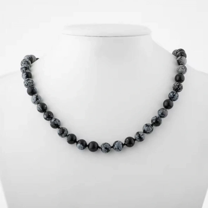 Karlı Obsidyen 8 mm Düğümlü Doğal Taş Kolye