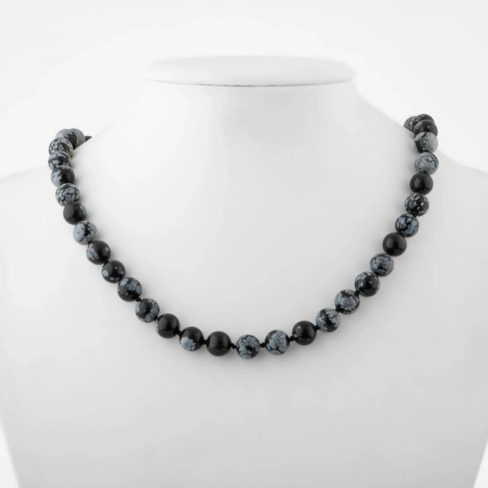 Karlı Obsidyen 8 mm Düğümlü Doğal Taş Kolye