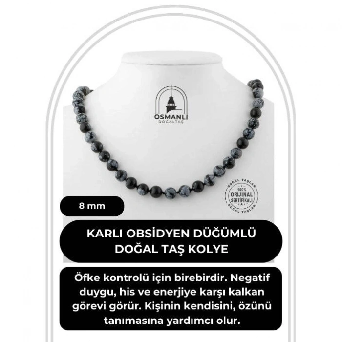 Karlı Obsidyen 8 mm Düğümlü Doğal Taş Kolye