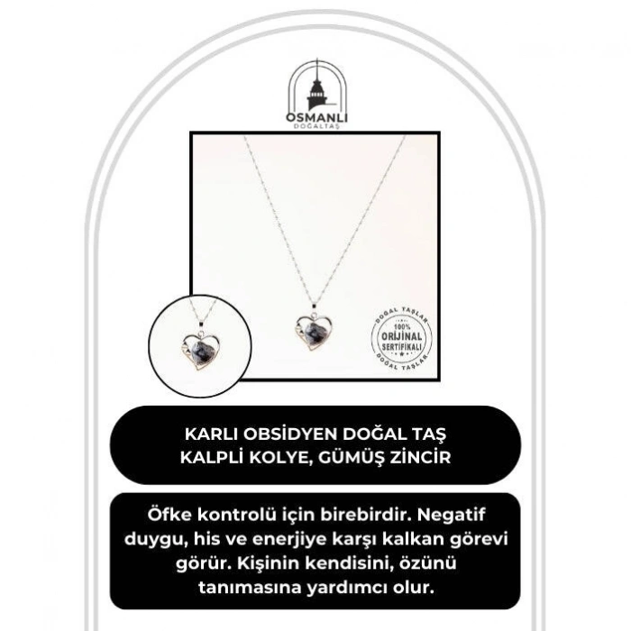 Karlı Obsidyen Doğal Taş Kalpli Kolye, Gümüş Zincir