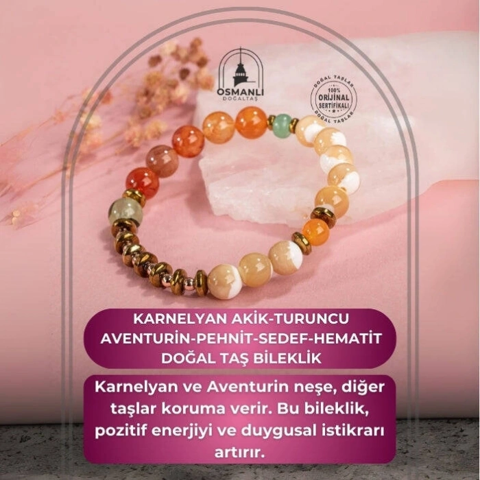 Karnelyan Akik-Turuncu Aventurin-Pehnit-Sedef-Hematit Doğal Taş Bileklik