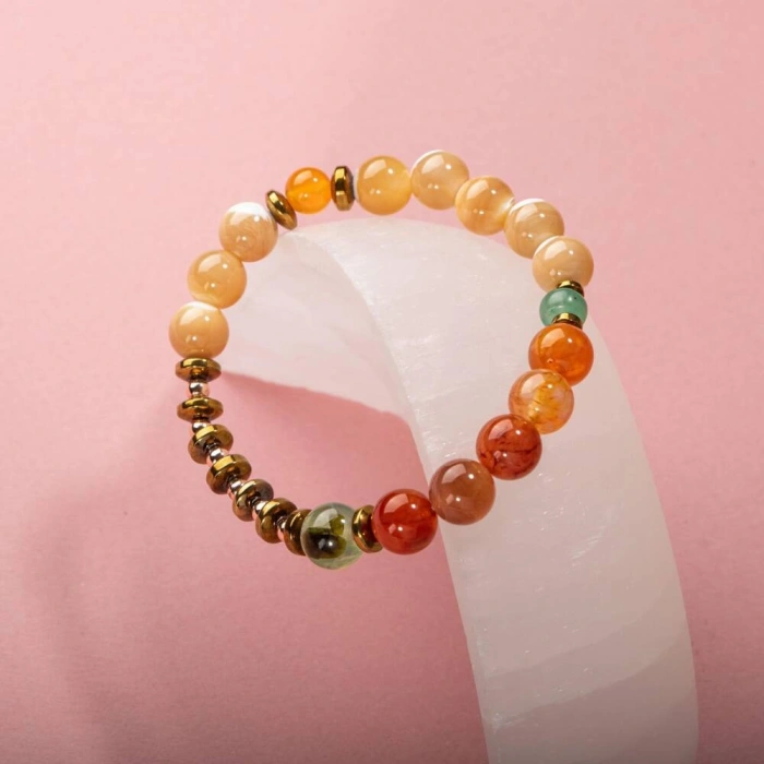 Karnelyan Akik-Turuncu Aventurin-Pehnit-Sedef-Hematit Doğal Taş Bileklik