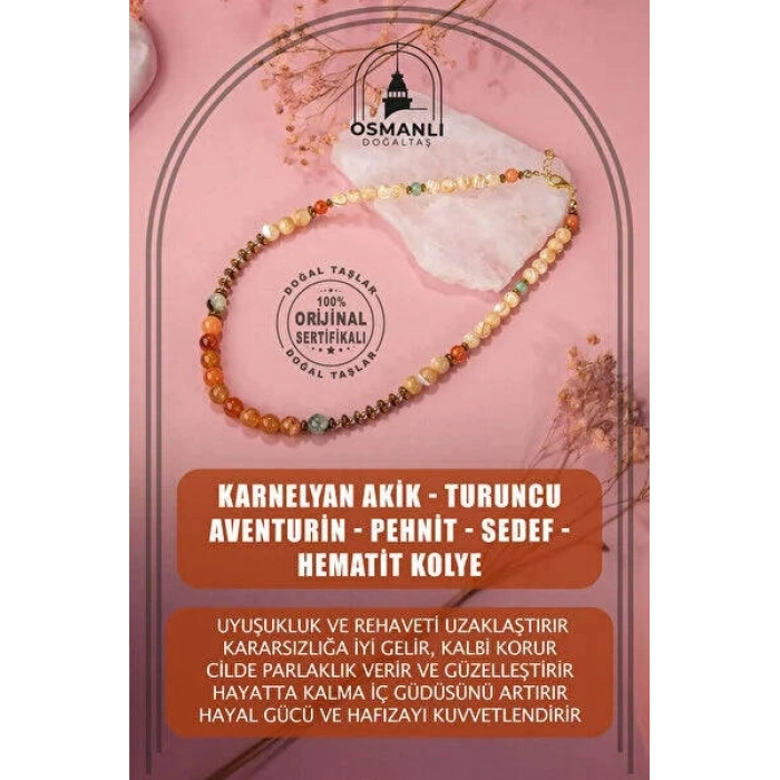 Karnelyan Akik-Turuncu Aventurin-Prehnit-Sedef-Hematit Doğal Taş Kolye