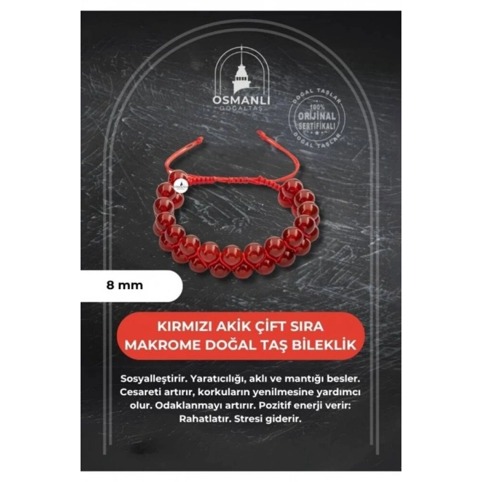 Kırmızı Akik 8mm Çift Sıra Makrome Doğal Taş Bileklik