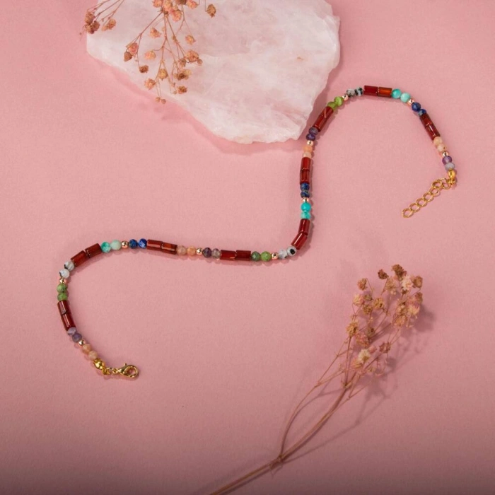 Kırmızı Akik-Ay Taşı-Ametist-Güneş Taşı-Yeşim-Amazonit Doğal Taş Bileklik