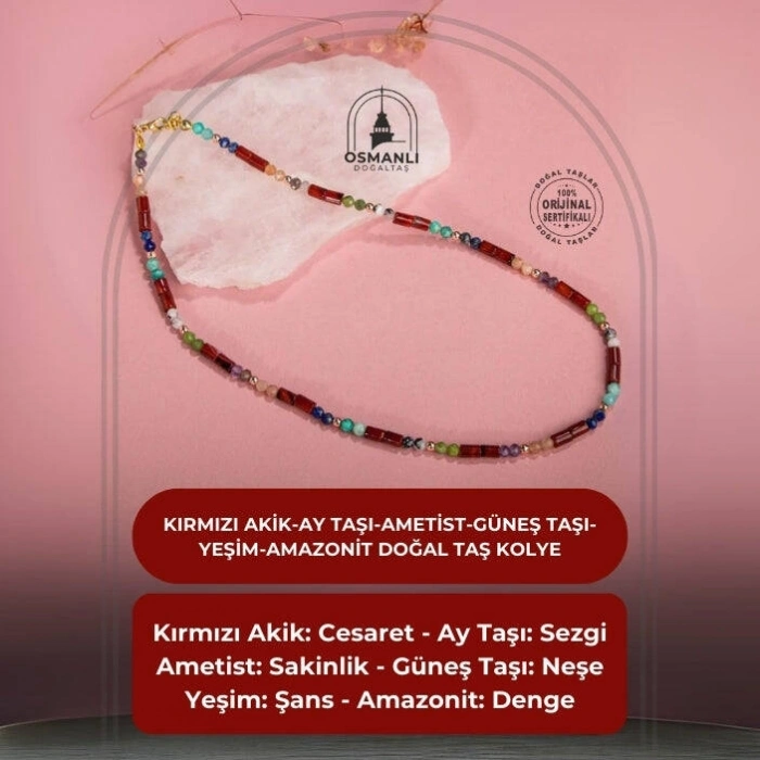 Kırmızı Akik-Ay Taşı-Ametist-Güneş Taşı-Yeşim-Amazonit Doğal Taş Kolye