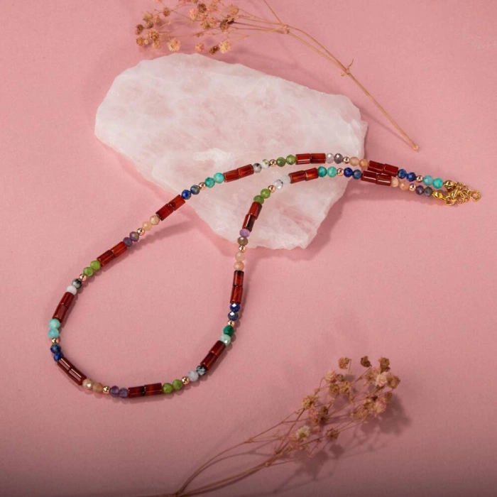 Kırmızı Akik-Ay Taşı-Ametist-Güneş Taşı-Yeşim-Amazonit Doğal Taş Kolye