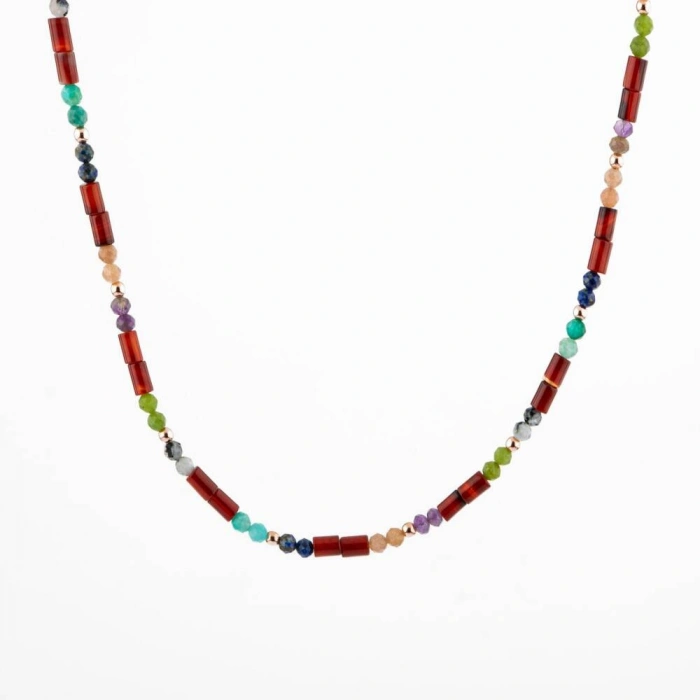 Kırmızı Akik-Ay Taşı-Ametist-Güneş Taşı-Yeşim-Amazonit Doğal Taş Kolye