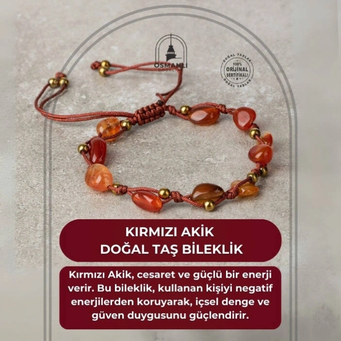 Kırmızı Akik Natürel Kesim Doğal Taş Makrome Bileklik