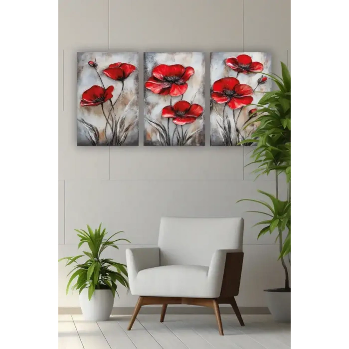 Kırmızı Çiçek Üçlü Mdf Tablo