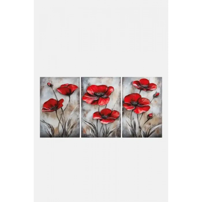 Kırmızı Çiçek Üçlü Mdf Tablo