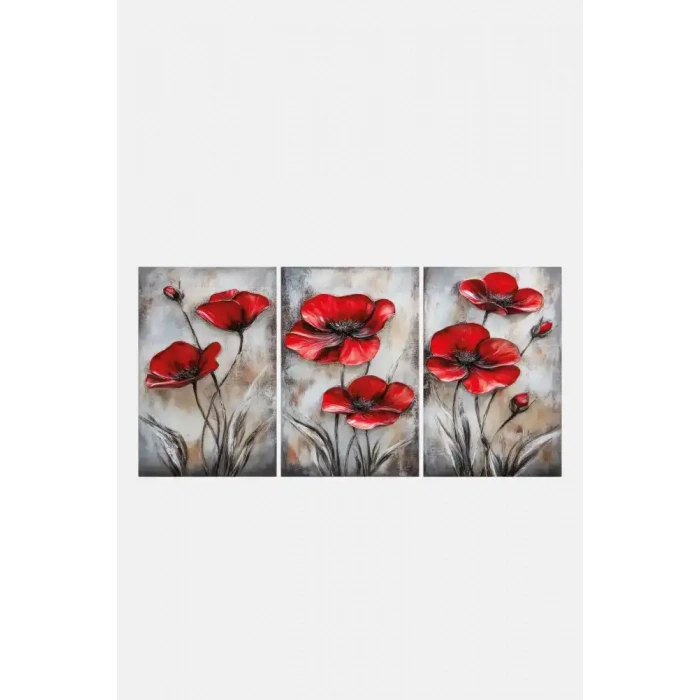 Kırmızı Çiçek Üçlü Mdf Tablo