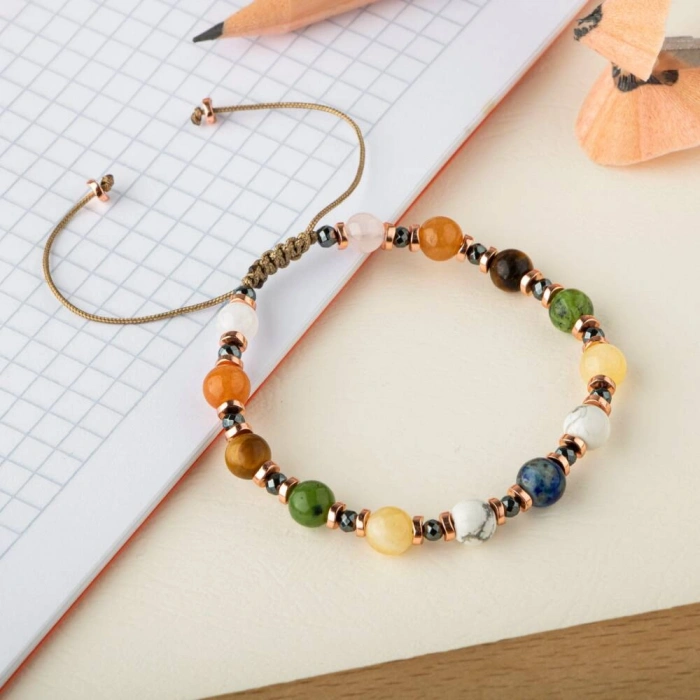 Kız Öğrenci Doğal Taş Bileklik-Lapis Lazuli-Havlit-Kalsit-Yeşim-Kaplan Gözü-Turuncu Aventurin-Pembe Kuvars