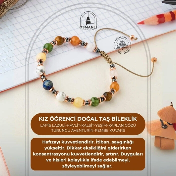 Kız Öğrenci Doğal Taş Bileklik-Lapis Lazuli-Havlit-Kalsit-Yeşim-Kaplan Gözü-Turuncu Aventurin-Pembe Kuvars