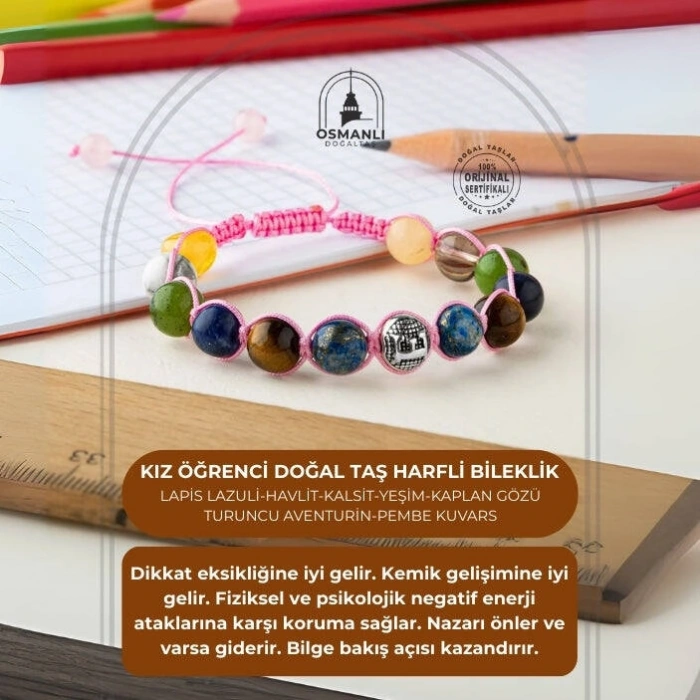 Kız Öğrenci Doğal Taş Harfli Makrome Bileklik