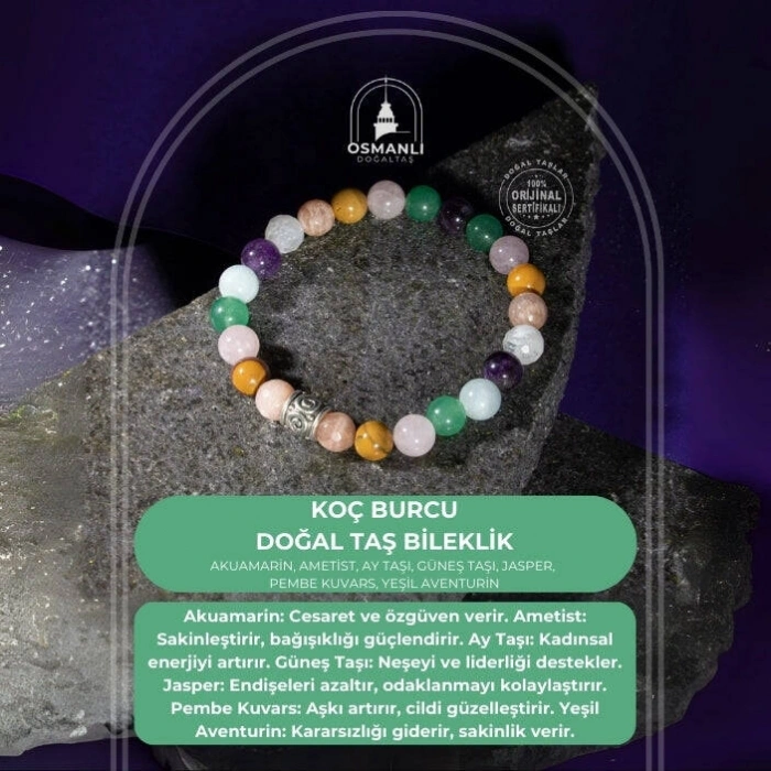 Koç Burcu Bileklik Akuamarin, Ametist, Ay Taşı, Güneş Taşı, Jasper, Pembe Kuvars, Yeşil Aventurin