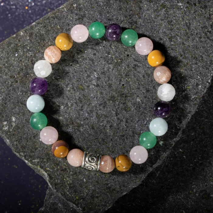 Koç Burcu Bileklik Akuamarin, Ametist, Ay Taşı, Güneş Taşı, Jasper, Pembe Kuvars, Yeşil Aventurin