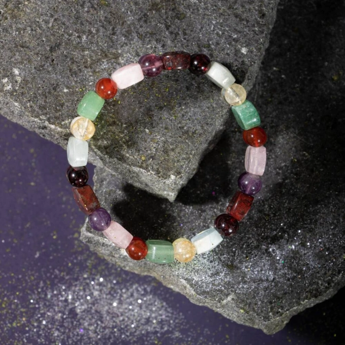 Koç Burcu Bileklik Akuamarin, Ametist, Bordo Granat Lal, Jasper, Kırmızı Akik, Pembe Kuvars, Sitrin, Yeşil Aventurin