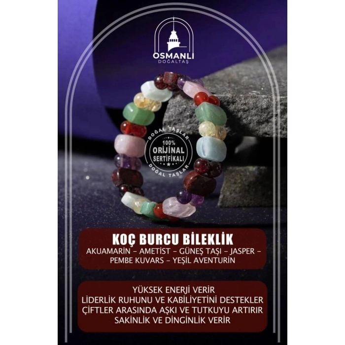 Koç Burcu Bileklik Akuamarin, Ametist, Bordo Granat Lal, Jasper, Kırmızı Akik, Pembe Kuvars, Sitrin, Yeşil Aventurin