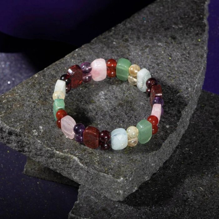 Koç Burcu Bileklik Akuamarin, Ametist, Bordo Granat Lal, Jasper, Kırmızı Akik, Pembe Kuvars, Sitrin, Yeşil Aventurin